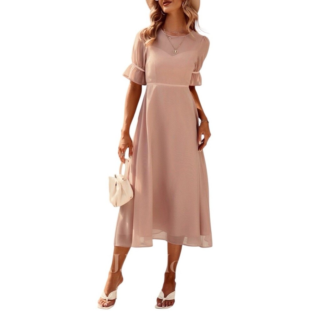 JJs House Blush Pink Midi Dress with Ruffle Sleeves